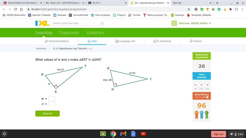 Please Help!!! What values of w and x make △RST≅△GHI?-example-1