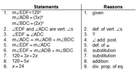 Given: mAngleEDF = 120°; mAngleADB = (3x)°; mAngleBDC = (2x)° Prove: x = 24 what is-example-2