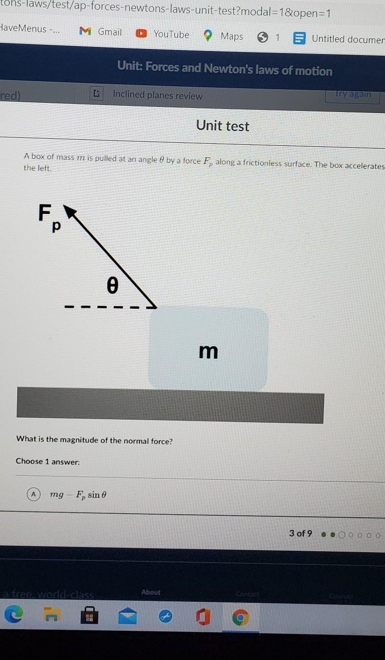 A. mg- fp sin theta B. mg-fp cos theta c. Mg + fp sin theta d. mg​-example-1