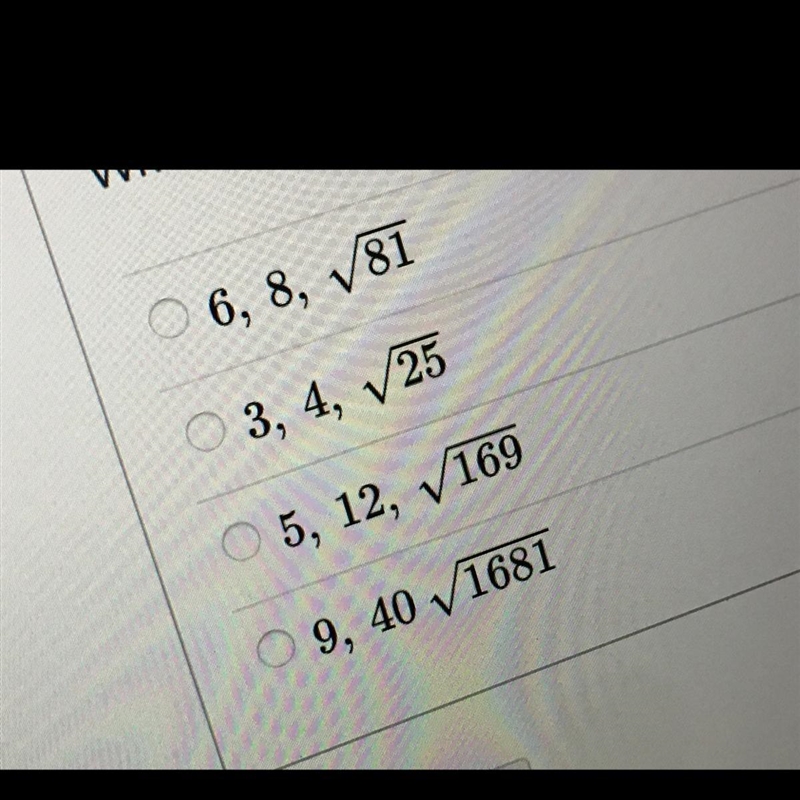 Which of the following is NOT a Pythagorean triple?-example-1