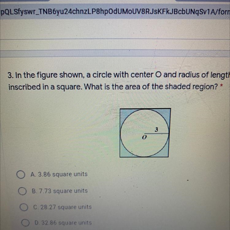 In the figure shown, a circle with center O and radius of length 3 units is inscribed-example-1