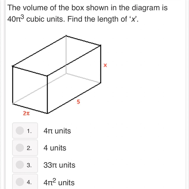 The volume of the box shown in the diagram is 40π3 cubic units. Find the length of-example-1