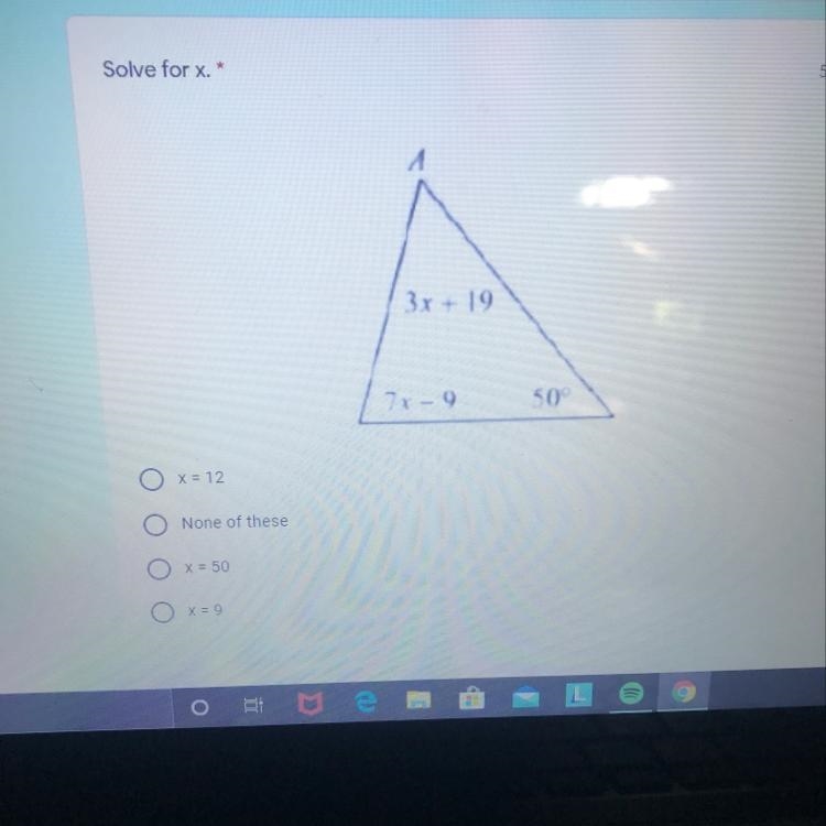 Solve for x . 3x +19 7x-19 50°-example-1