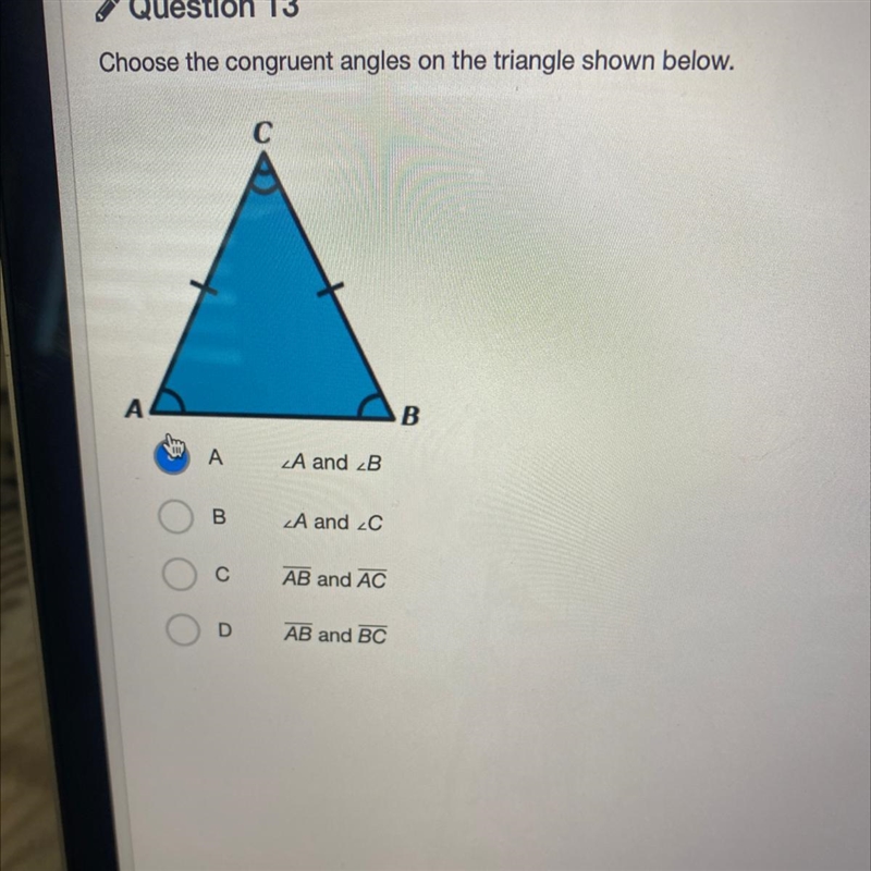 Choose the congruent angles on the triangle shown below-example-1