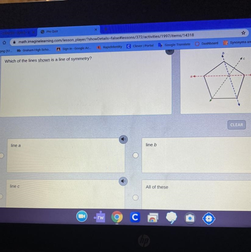 Which of the lines shown is a line of symmetry?-example-1