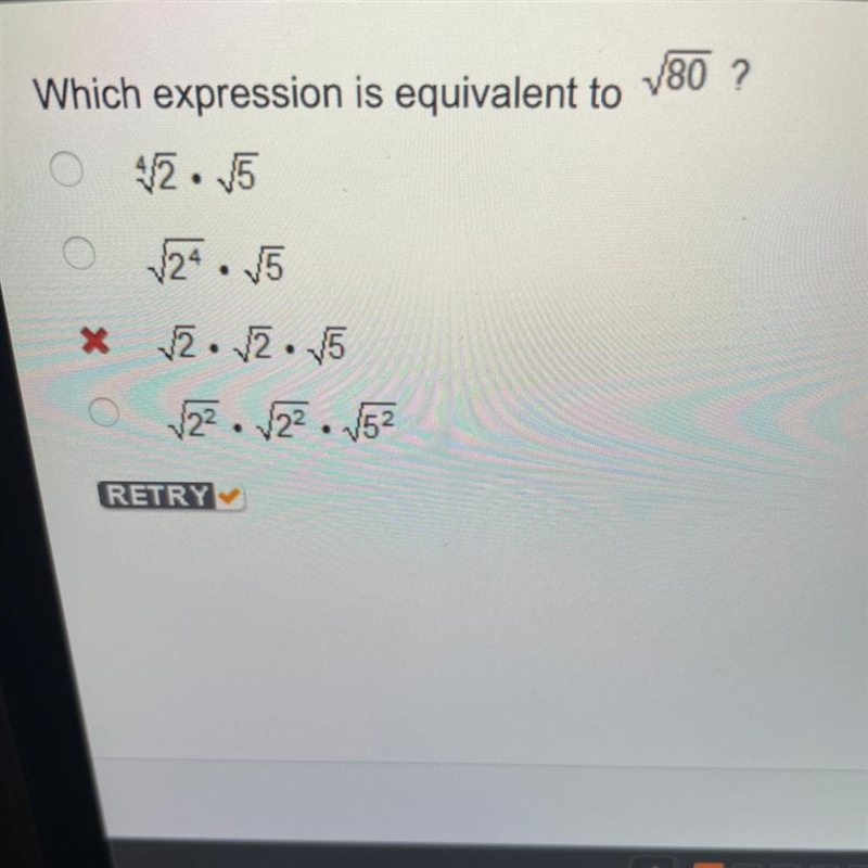 Which expression is equivalent to sqrt(80)?-example-1