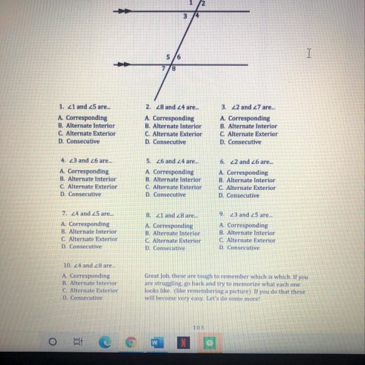 Angle 1 and 5 are A corresponding B alternate interior C alternate exterior D Consecutive-example-1