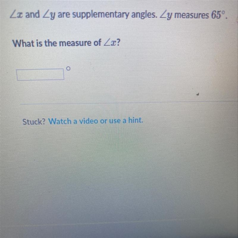 If angle y measures 65 degrees how much does x measure?-example-1