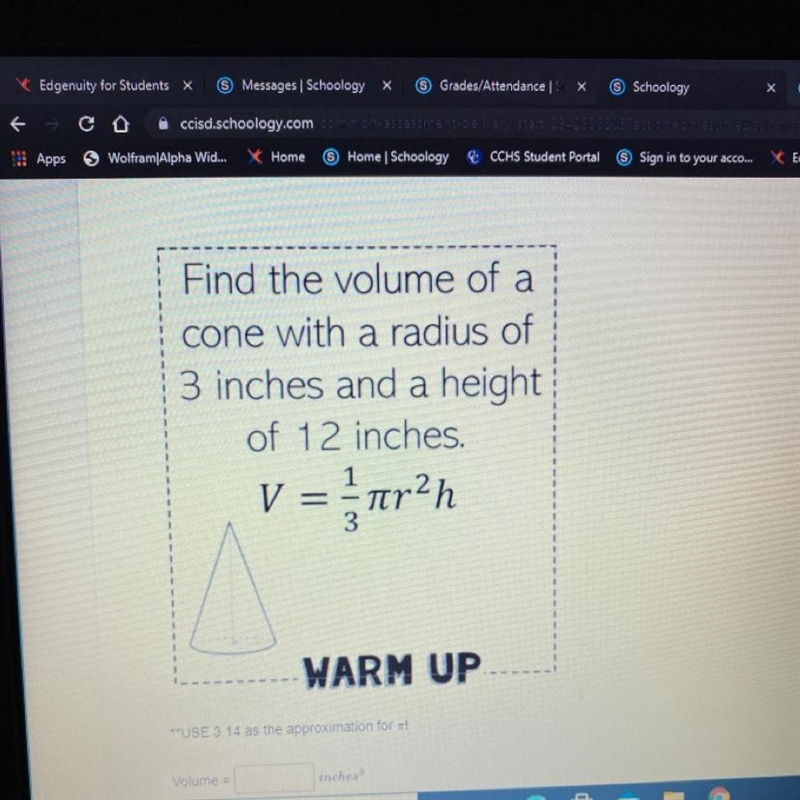 Find the volume of a cone with a radius of 3 inches and a height of 12 inches. V = murah-example-1