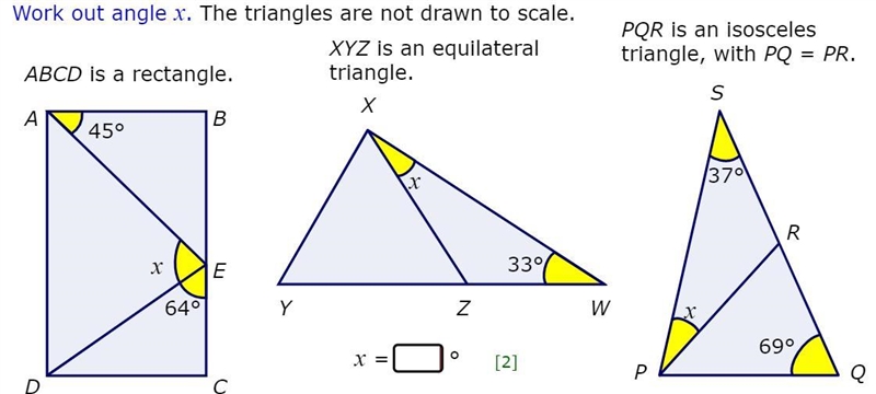 Work out angle x Triangles are not drawn to scale-example-1