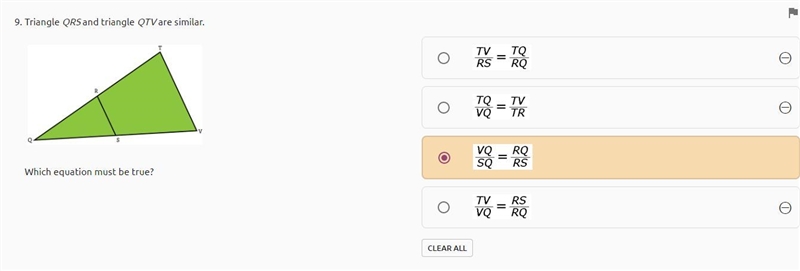 Triangle QRS and triangle QTV are similar. Which equation must be true?-example-1