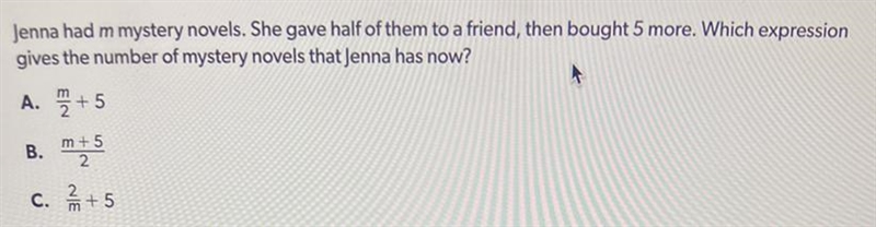 Jenna had M mystery novels she gave half of them to a friend, then buy five more which-example-1