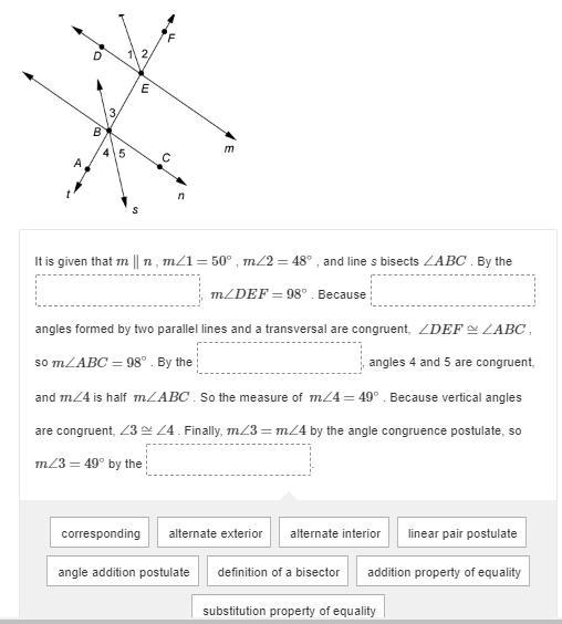 Drag and drop an answer to each box to correctly complete the proof. Given: m∥n , m-example-1