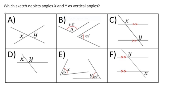 Which sketch depicts angles X and Y as vertical angles?-example-1