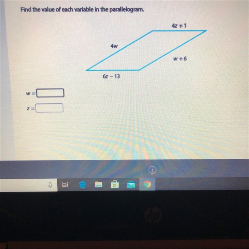 Find the value of each variable in the parallelogram.-example-1