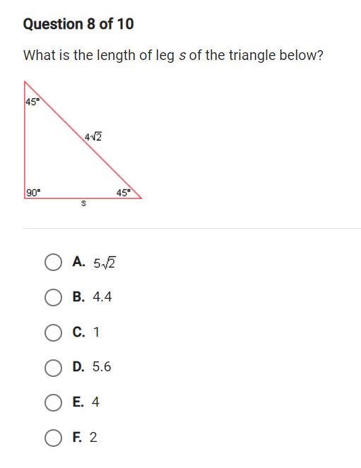 What is the length of leg s of the triangle below-example-1