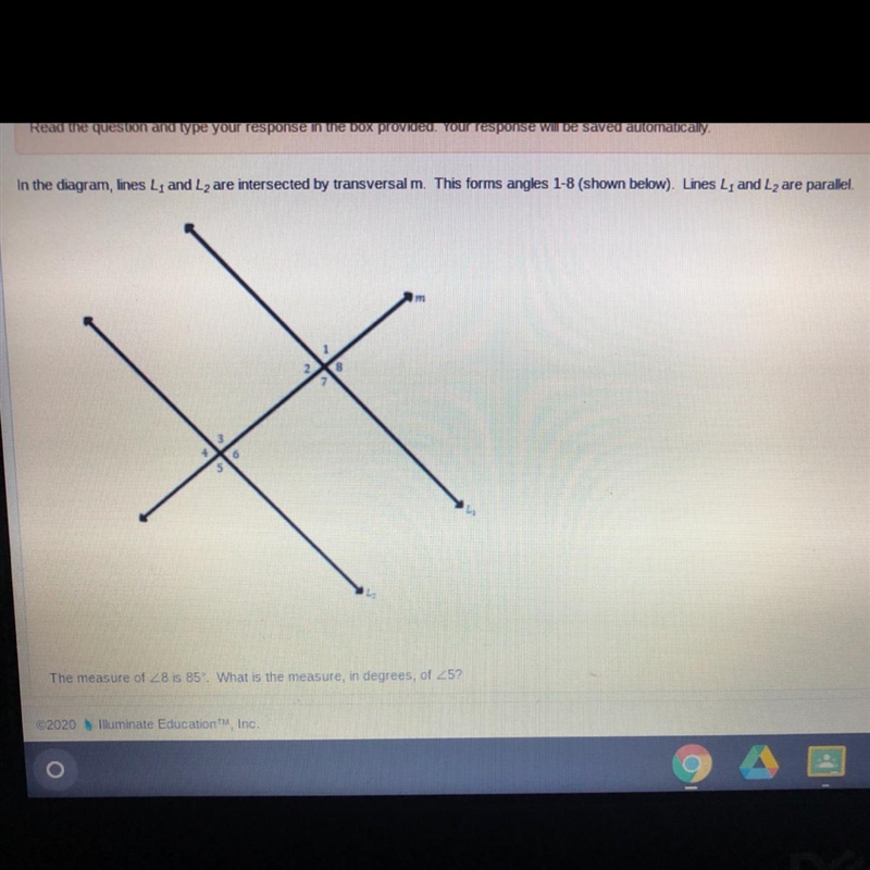 URGENT: The measure of 8 is 85° What is the measure, in degrees, of 5?-example-1