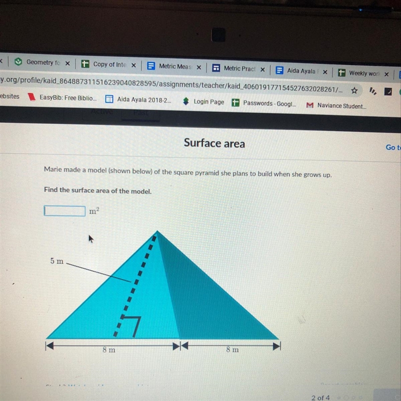 Marie made a model (shown below) of the square pyramid she plans to build when she-example-1