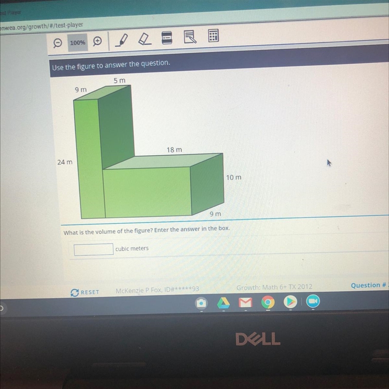 Use the figure to answer the question. 5 m 9 m 18 m 24 m 10 m 9 m What is the volume-example-1