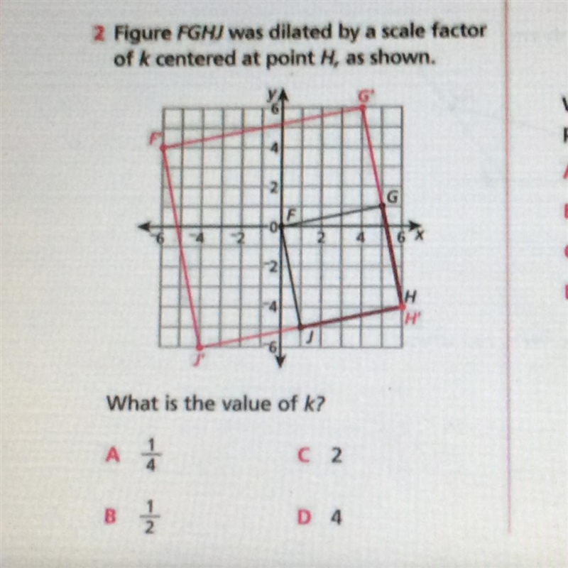 Figure FGHJ was dilated by a scale factor of k centered at point H, as shown. What-example-1