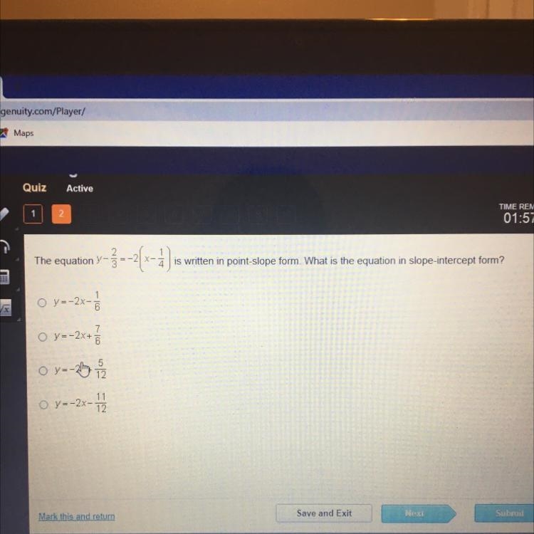 The equation y-3--2(x-4) is written in point-slope form. What is the equation in slope-example-1