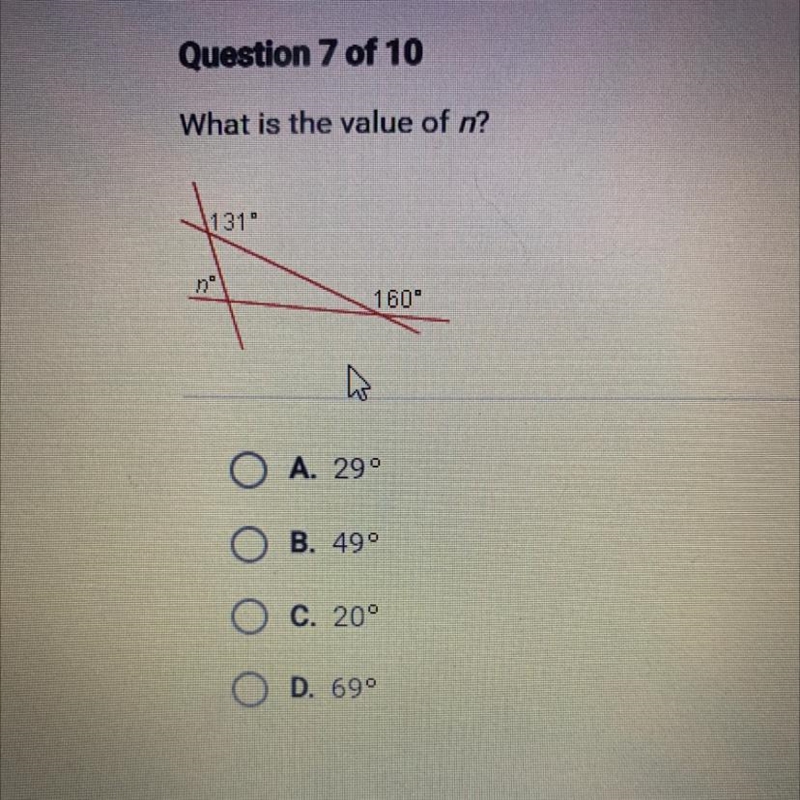 What is the value of n? 1131 nº 160° A. 290 B. 490 C. 20° D. 690-example-1