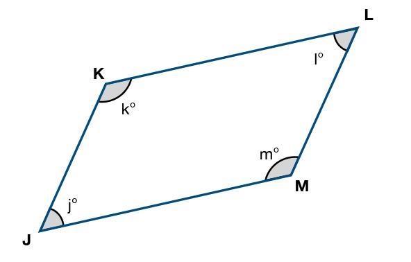 In parallelogram JKLM, what is the relationship between angle j and angle k? j° + k-example-1