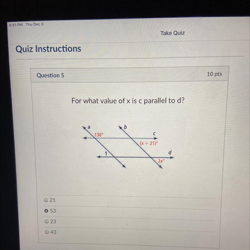 For what value of x is c parallel to d?-example-1