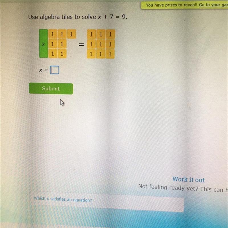 Use algebra titles to solve x + 7 = 9.-example-1