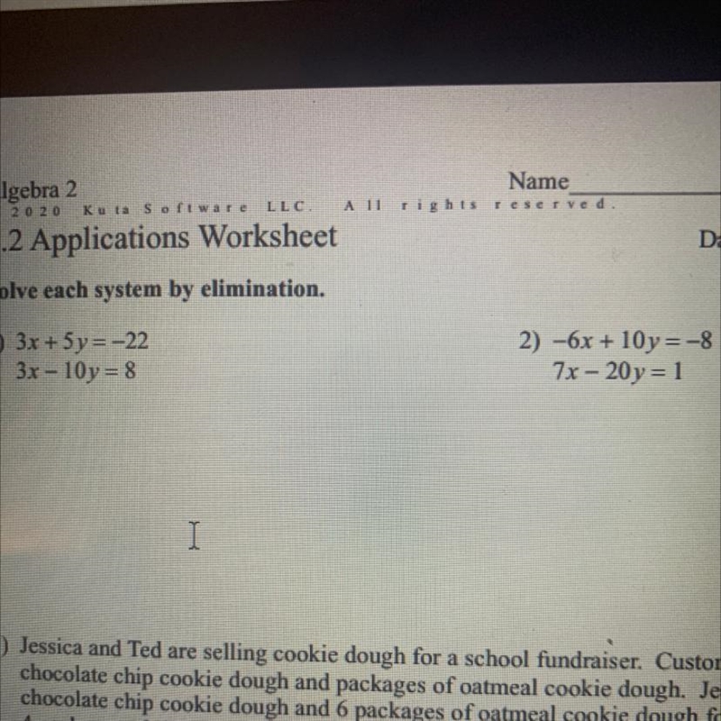 3.2 Applications Worksheet Solve each system by elimination. 1) 3x + 5y = 322 3x - 10y-example-1