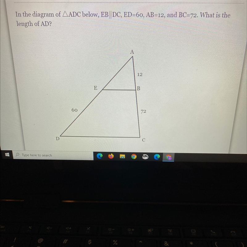 In the diagram of AADC below, EB|| DC, ED=60, AB=12, and BC=72. What is the length-example-1