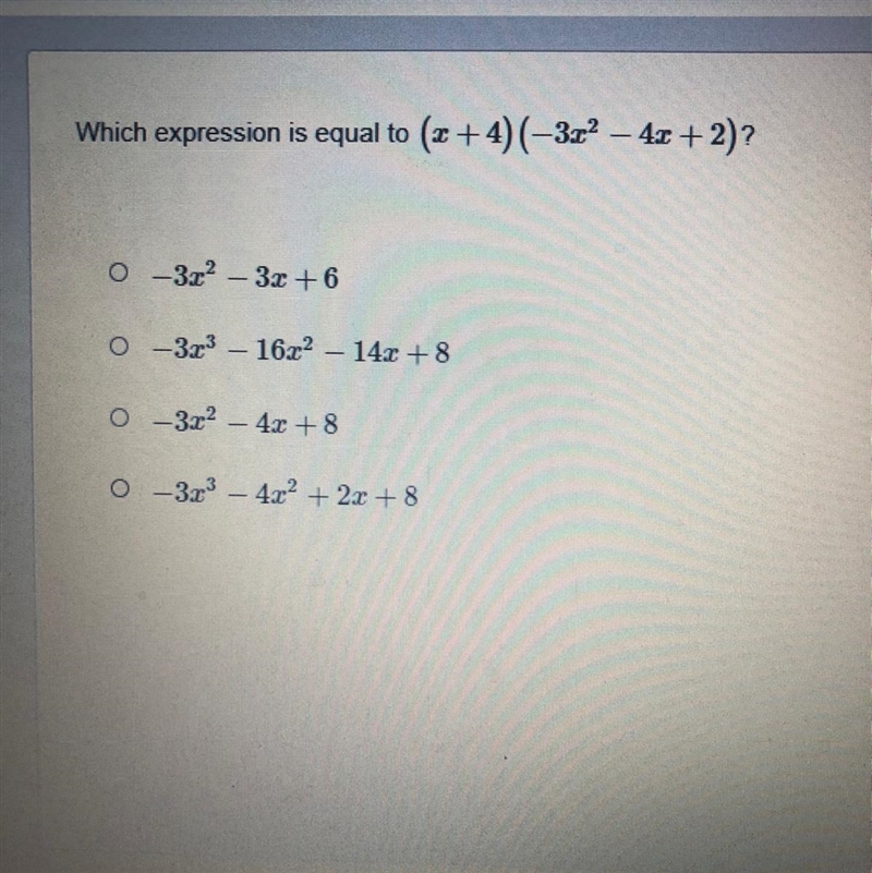 Which expression is equal (x+4)(-3x^2-4x+2)-example-1