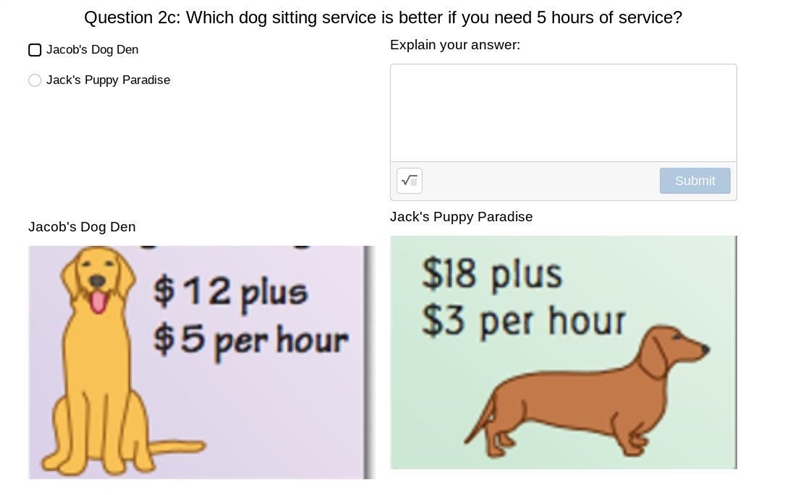 Question 2c: Which dog sitting service is better if you need 5 hours of service? Explain-example-1