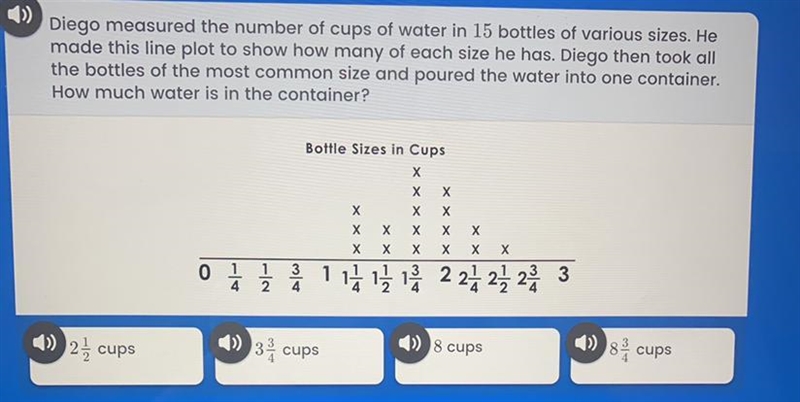 1) Diego measured the number of cups of water in 15 bottles of various sizes. He made-example-1