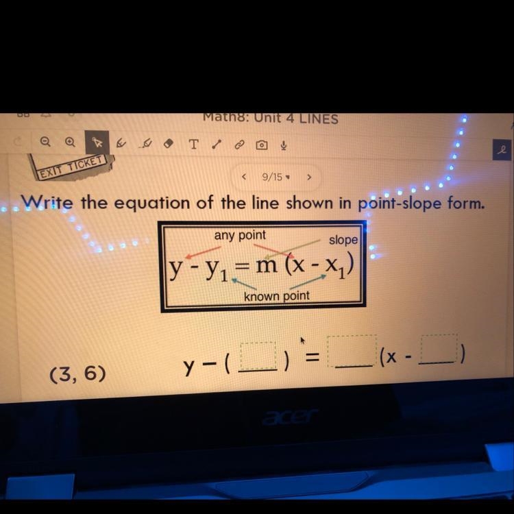 Write the equation for (3,6) in a point-slope form-example-1