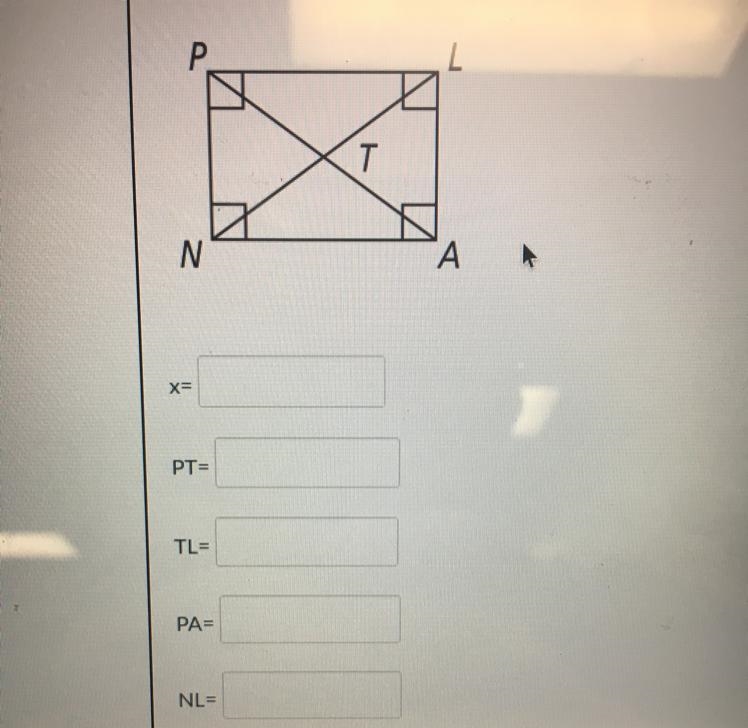 In rectangle PLAN, PT = x + 3 and TL = 3x - 11. What are the lengths of PA and NL-example-1