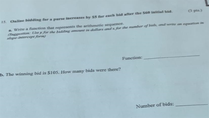 Online bidding for a purse increases by is for each bid After the the $160 initial-example-1