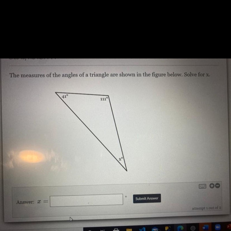 The measures of the angles of a triangle are shown in the figure below. Solve for-example-1