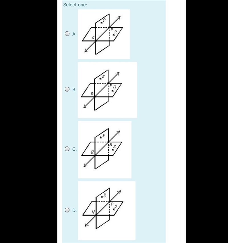 Which diagram shows plane PQR and plane QRS intersecting in only QR-example-1