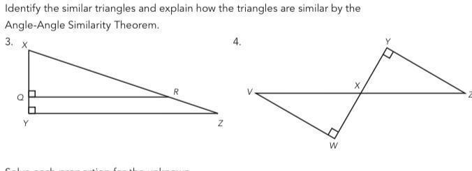 Identify the similar triangles and explain how the triangles are similar by the Angle-example-1