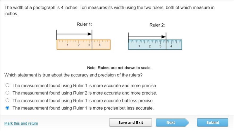 The width of a photograph is 4 inches. Tori measures its width using the two rulers-example-1