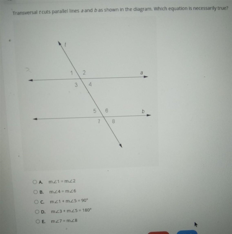 Transversal t cuts parallel lines a and bas shown in the diagram. Which equation is-example-1