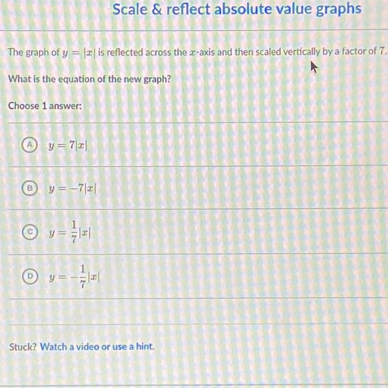 The graph of y= |x| is reflected across the x axis and then scaled vertically by a-example-1