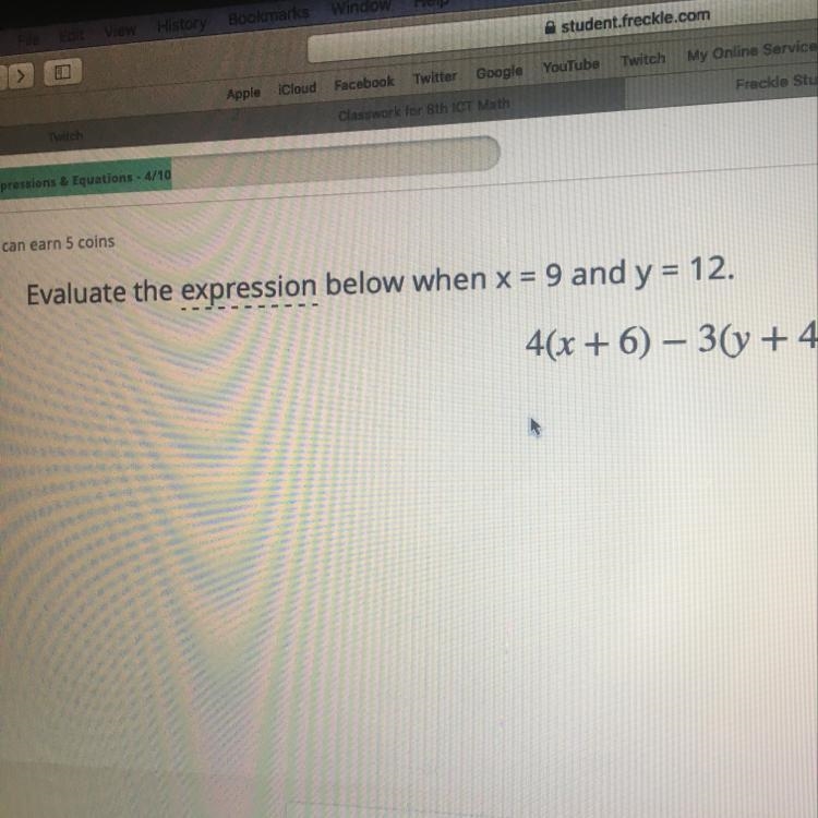 Evaluate the expression below when x = 9 and y = 12. 4(x + 6) - 3(y + 4)-example-1