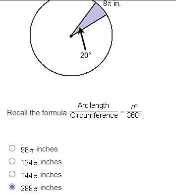 A sector of a circle has an arc length of 8 pi inches and a central angle of 20 degrees-example-1