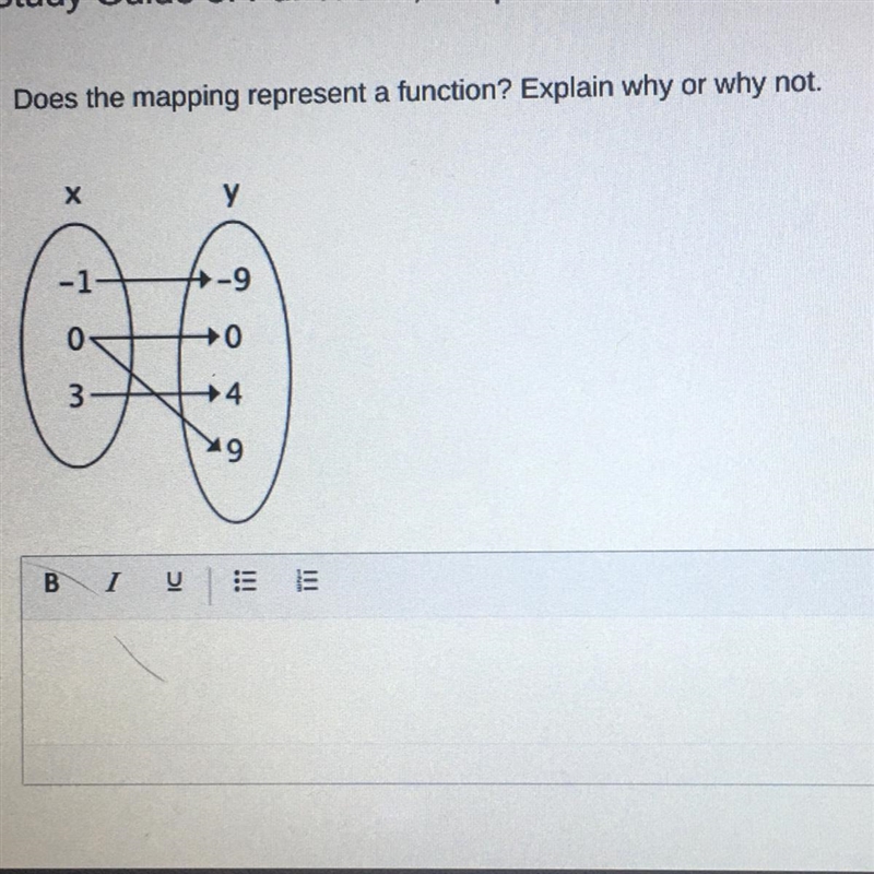 Does the mapping represent a function? Explain why or why not. Х у -1 4-9 0 +0 3 +4 9-example-1