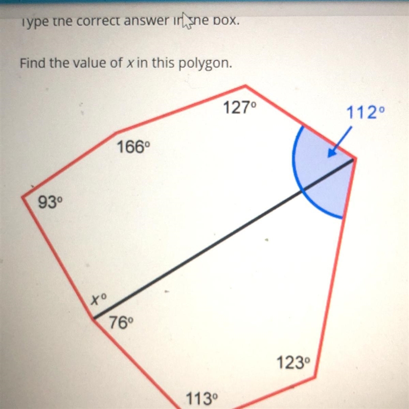 Find the value of x in this polygon 127° 166° 93° x° 76° 123° 113° x=___-example-1