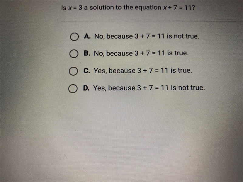 Is x = 3 a solution to the equation x + 7 = 11?-example-1