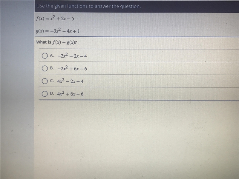 Use the functions to answer the question: What is f(x)-g(x)?-example-1