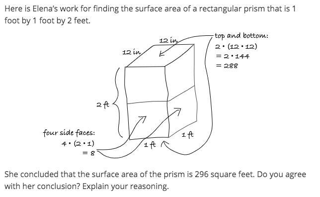 Here is Elena’s work for finding the surface area of a rectangular prism that is 1 foot-example-1